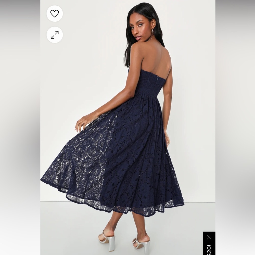 Exquisite Aura Navy Blue Lace Strapless Bustier Midi Dress Size Small
